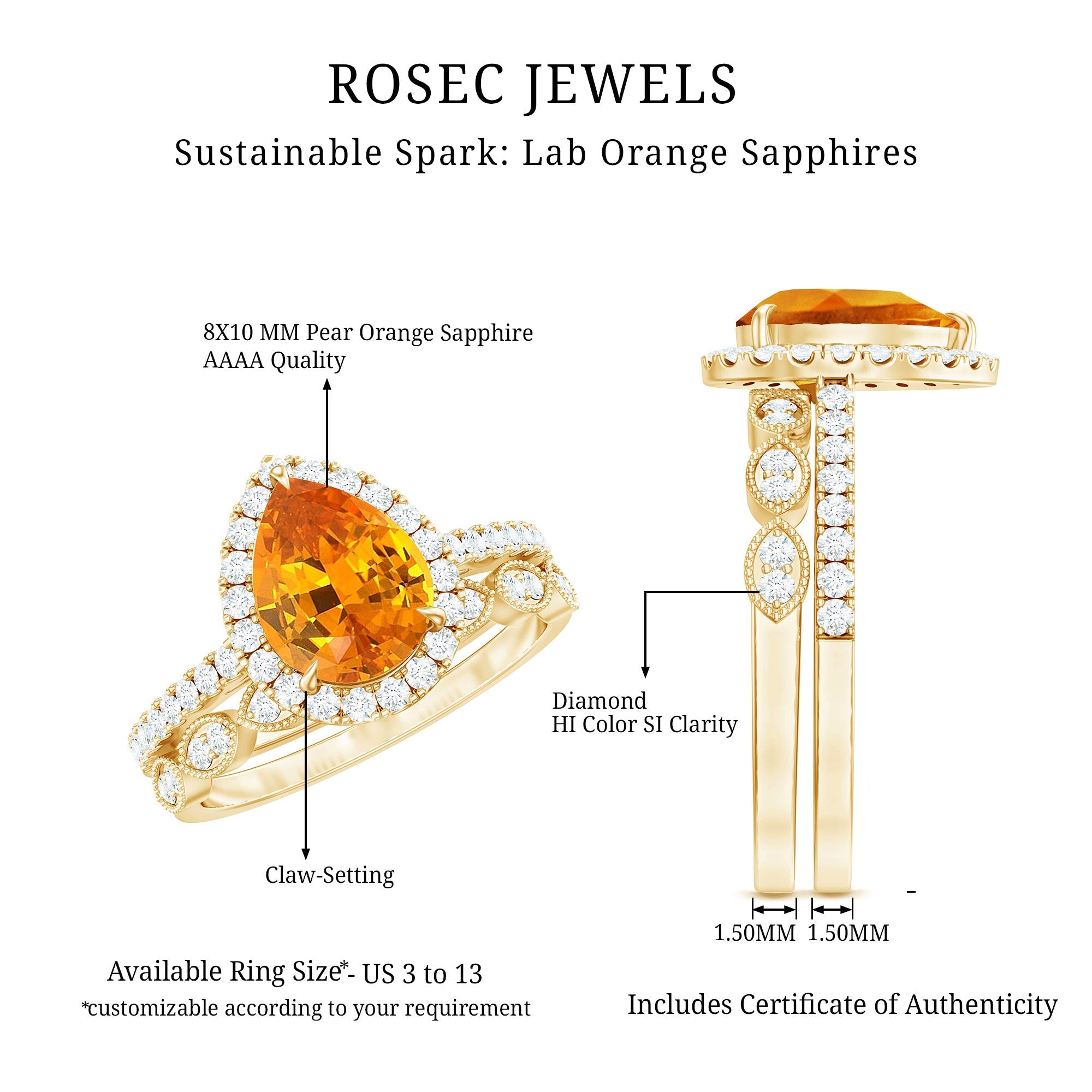 3.3 Carat Pear Shaped Lab Grown Orange Sapphire Wedding Ring Set with Diamond