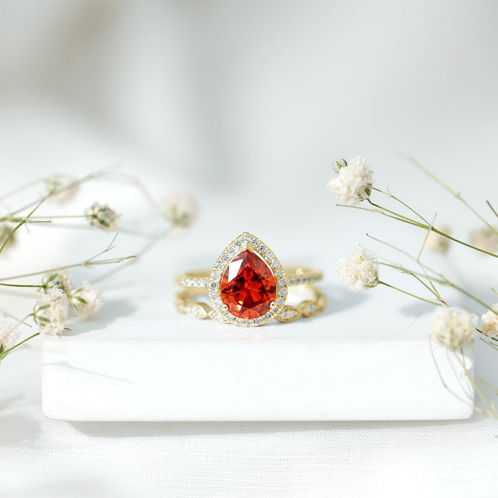 3.3 Carat Pear Shaped Lab Grown Orange Sapphire Wedding Ring Set with Diamond