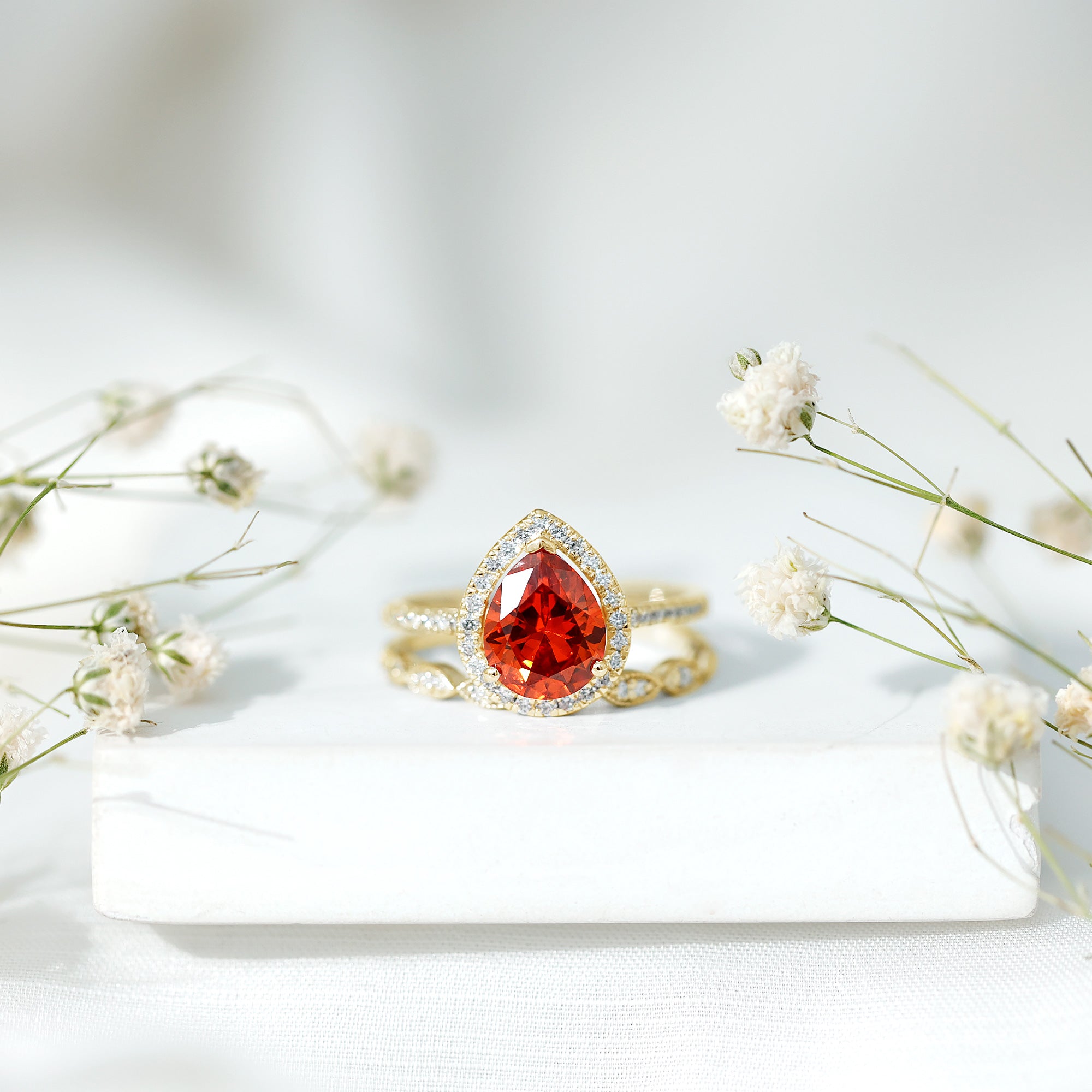 3.3 Carat Pear Shaped Lab Grown Orange Sapphire Wedding Ring Set with Diamond
