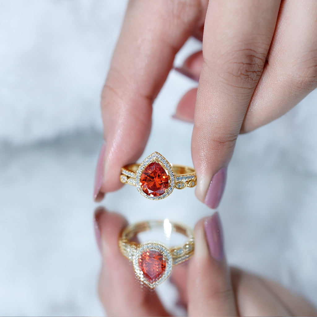 3.3 Carat Pear Shaped Lab Grown Orange Sapphire Wedding Ring Set with Diamond