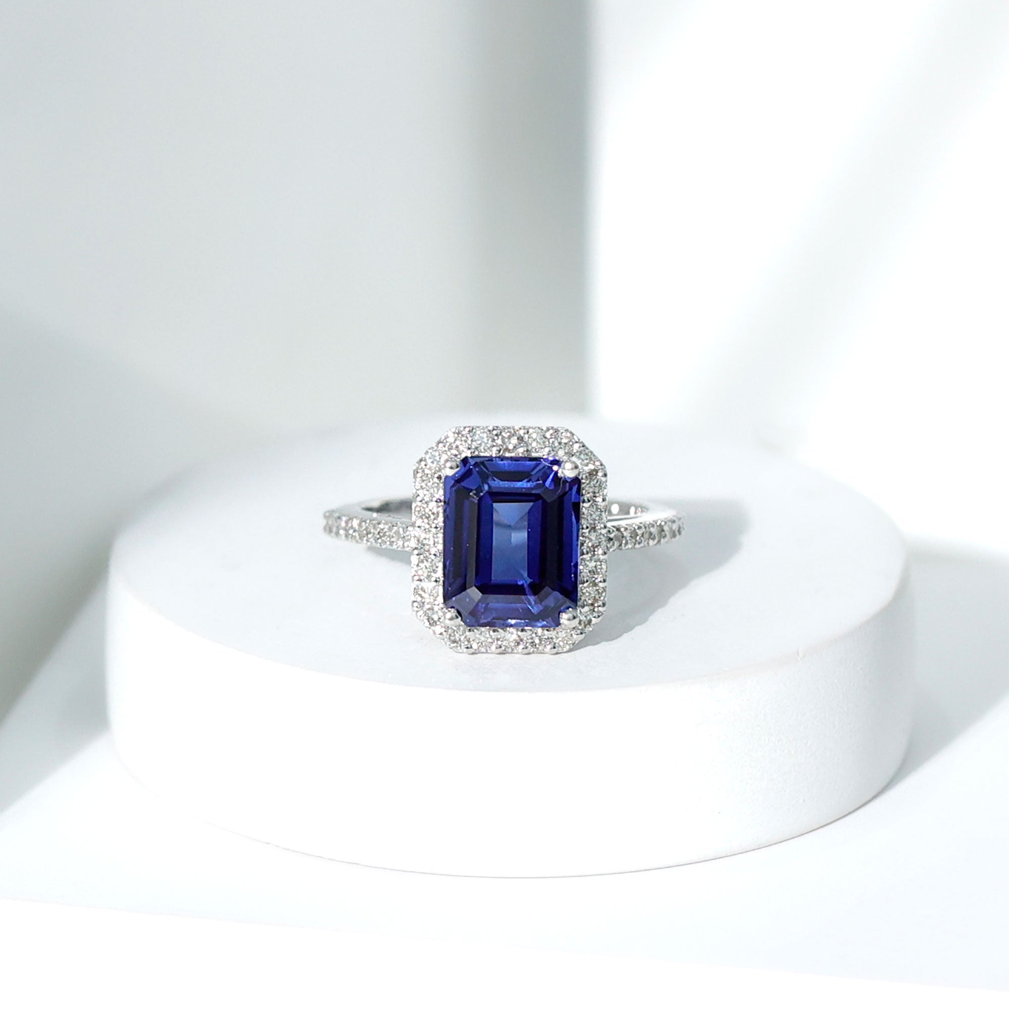 Certified 2.75 Carat Lab Grown Blue Sapphire Emerald Cut Engagement Ring with Diamond Halo