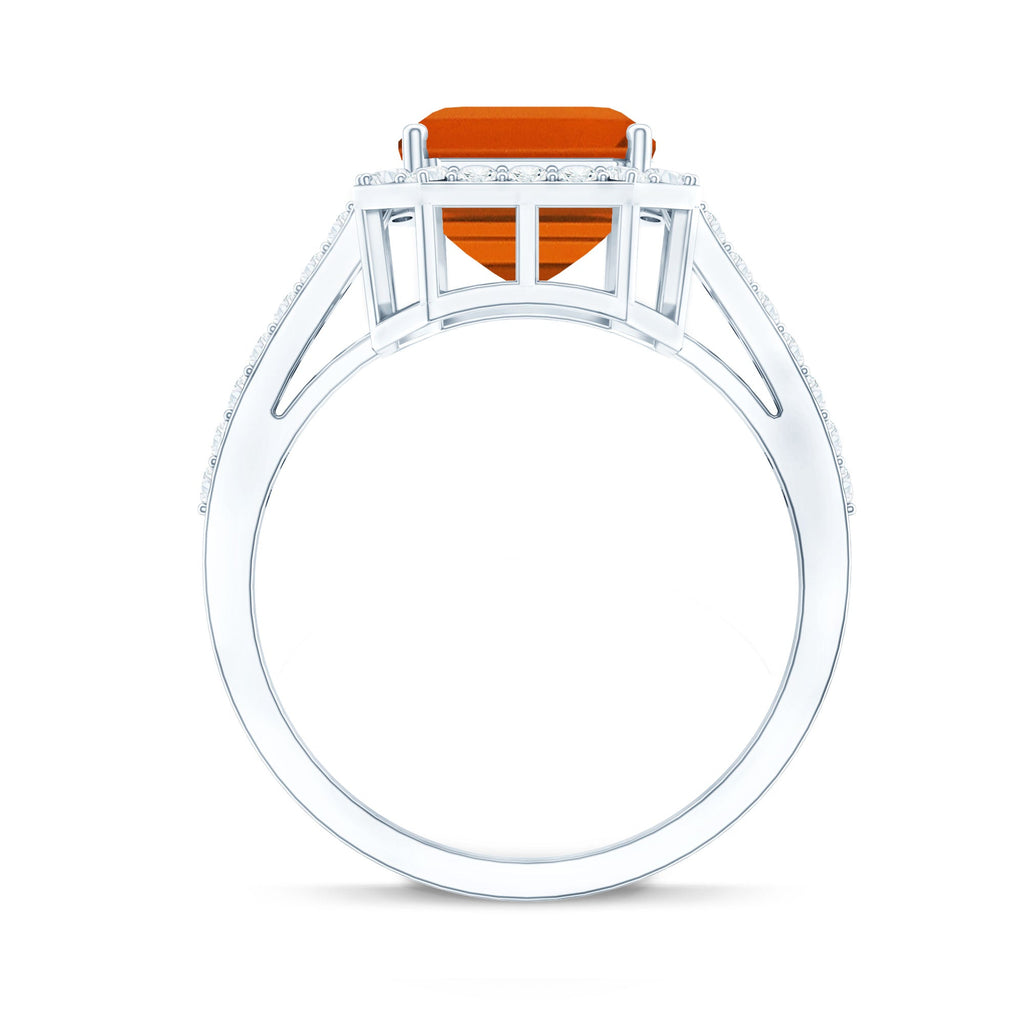 2.75 Carat Lab Grown Orange Sapphire Emerald Cut Engagement Ring with Diamond Halo