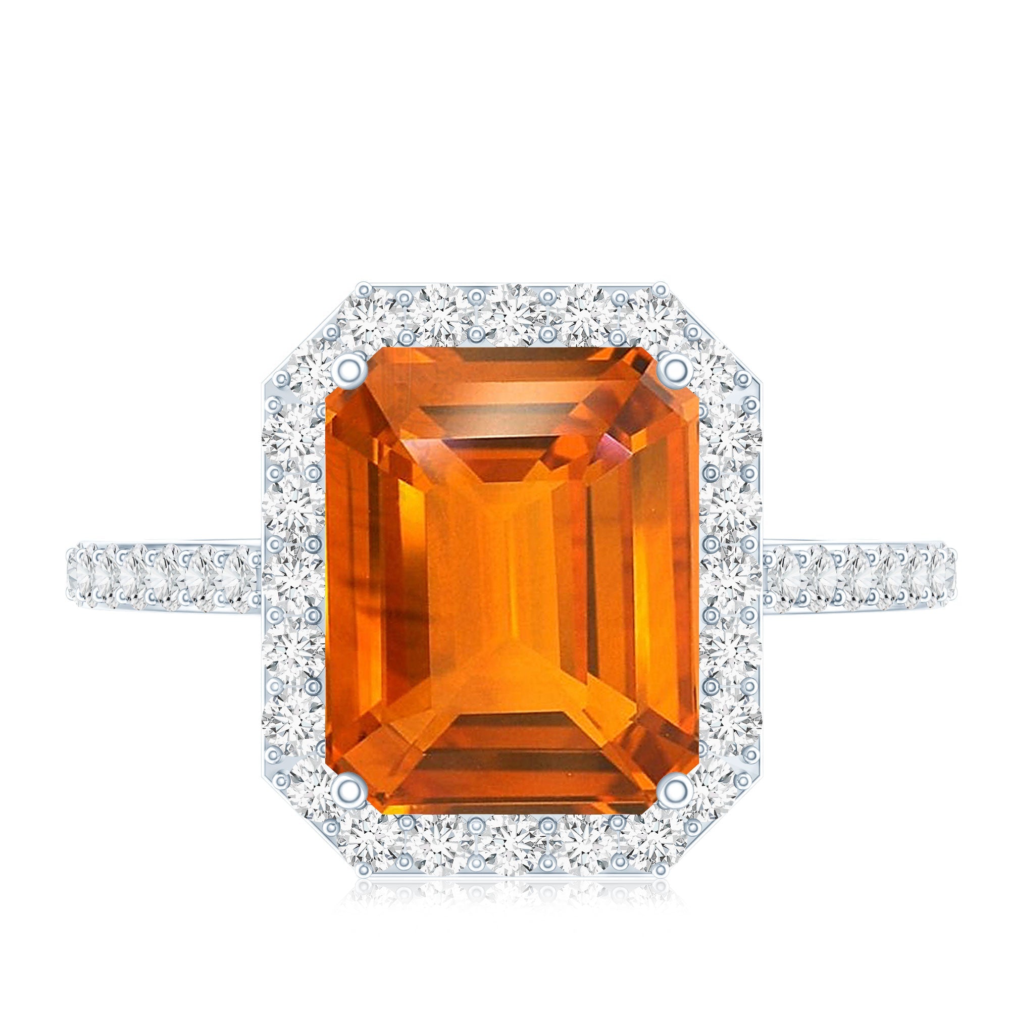 2.75 Carat Lab Grown Orange Sapphire Emerald Cut Engagement Ring with Diamond Halo