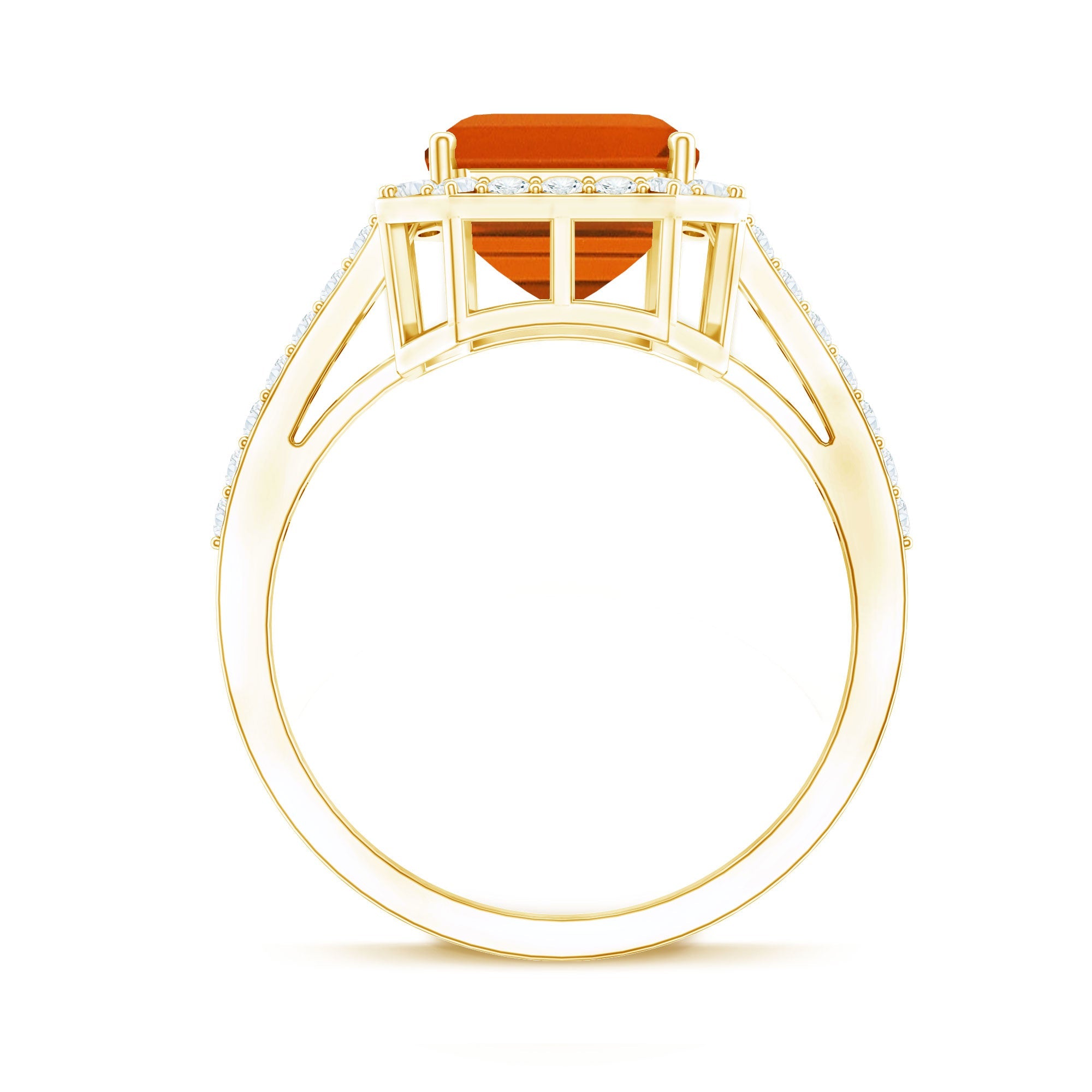 2.75 Carat Lab Grown Orange Sapphire Emerald Cut Engagement Ring with Diamond Halo