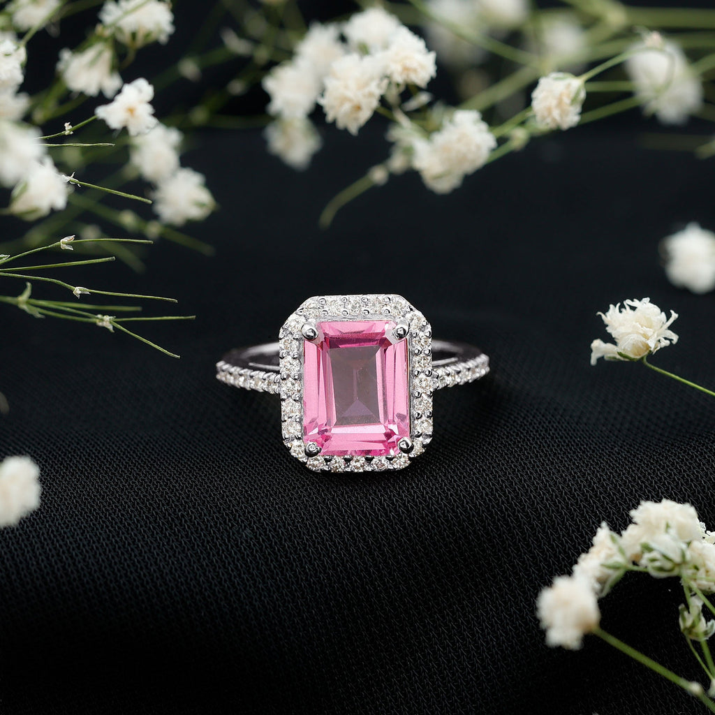 2.75 Carat Lab Grown Pink Sapphire Emerald Cut Engagement Ring with Diamond