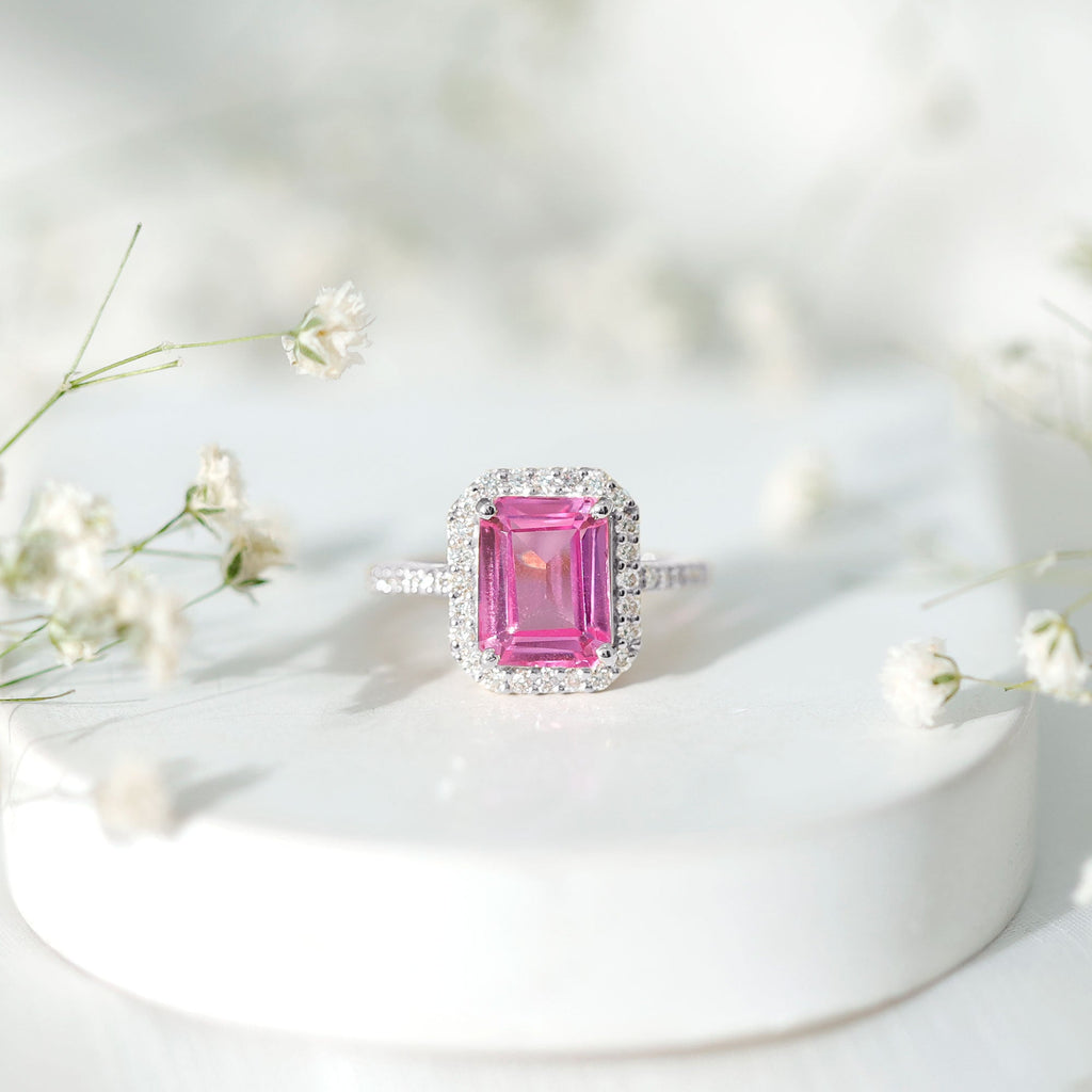 2.75 Carat Lab Grown Pink Sapphire Emerald Cut Engagement Ring with Diamond