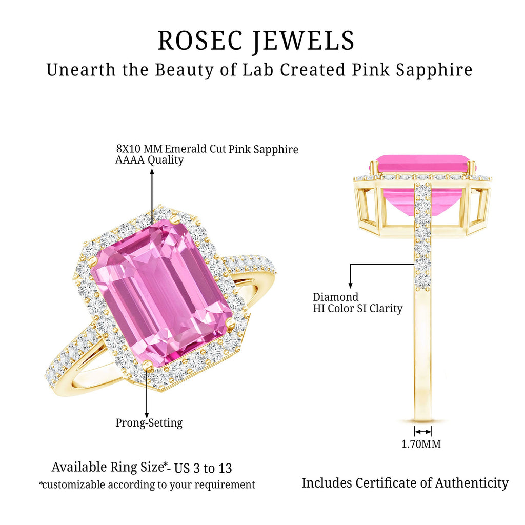 2.75 Carat Lab Grown Pink Sapphire Emerald Cut Engagement Ring with Diamond