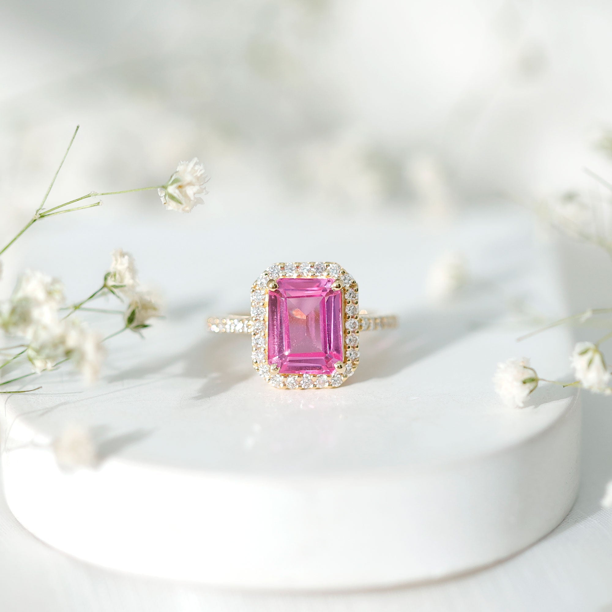 2.75 Carat Lab Grown Pink Sapphire Emerald Cut Engagement Ring with Diamond