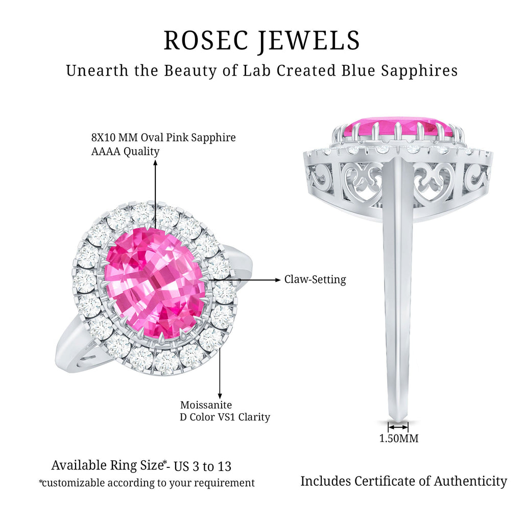 4 Carat Lab Grown Pink Sapphire Cocktail Engagement Ring with Diamond Halo