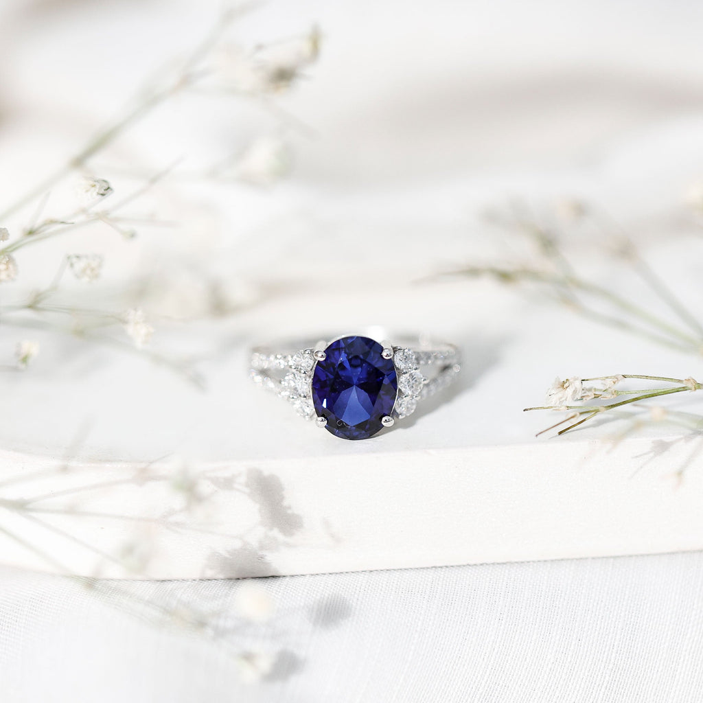 Certified 4 Carat Lab Grown Blue Sapphire Oval Engagement Ring with Diamond Split Shank