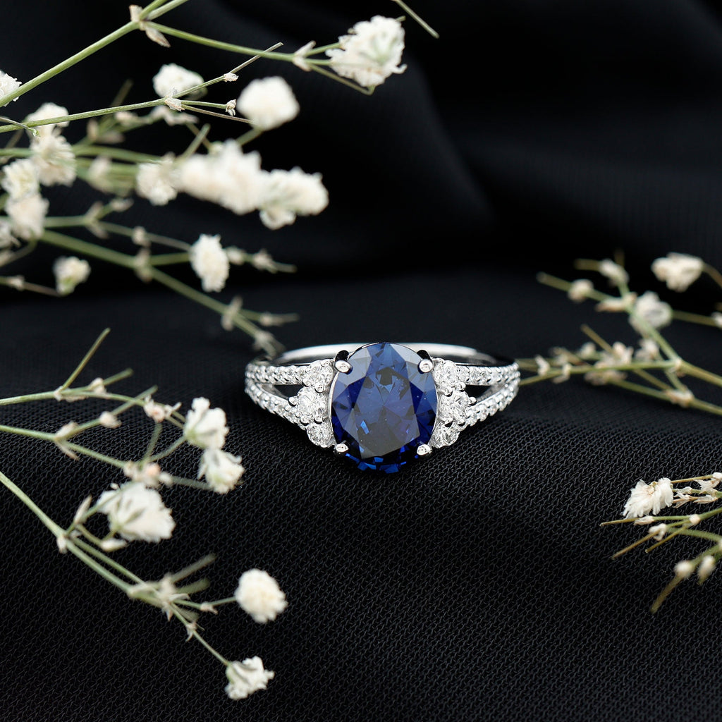 Certified 4 Carat Lab Grown Blue Sapphire Oval Engagement Ring with Diamond Split Shank