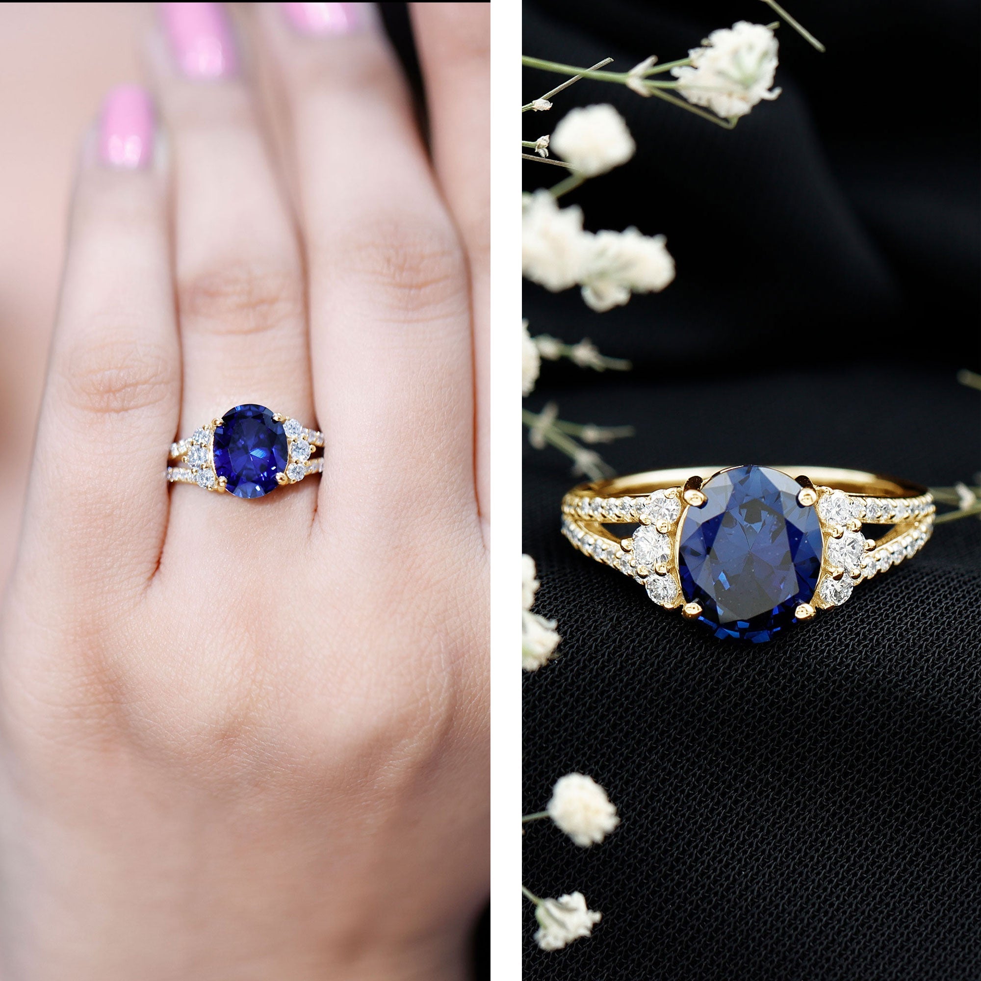 Certified 4 Carat Lab Grown Blue Sapphire Oval Engagement Ring with Diamond Split Shank