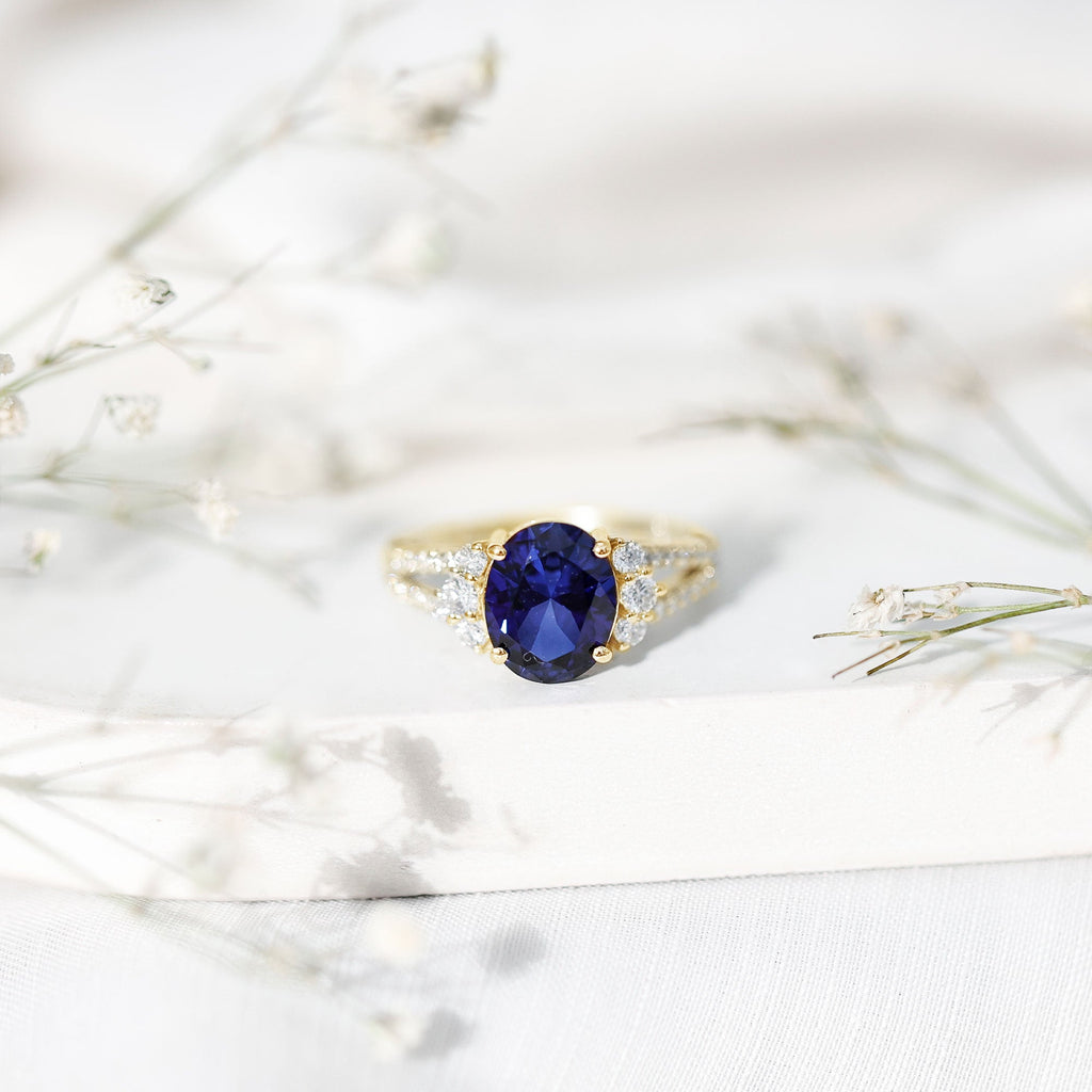Certified 4 Carat Lab Grown Blue Sapphire Oval Engagement Ring with Diamond Split Shank