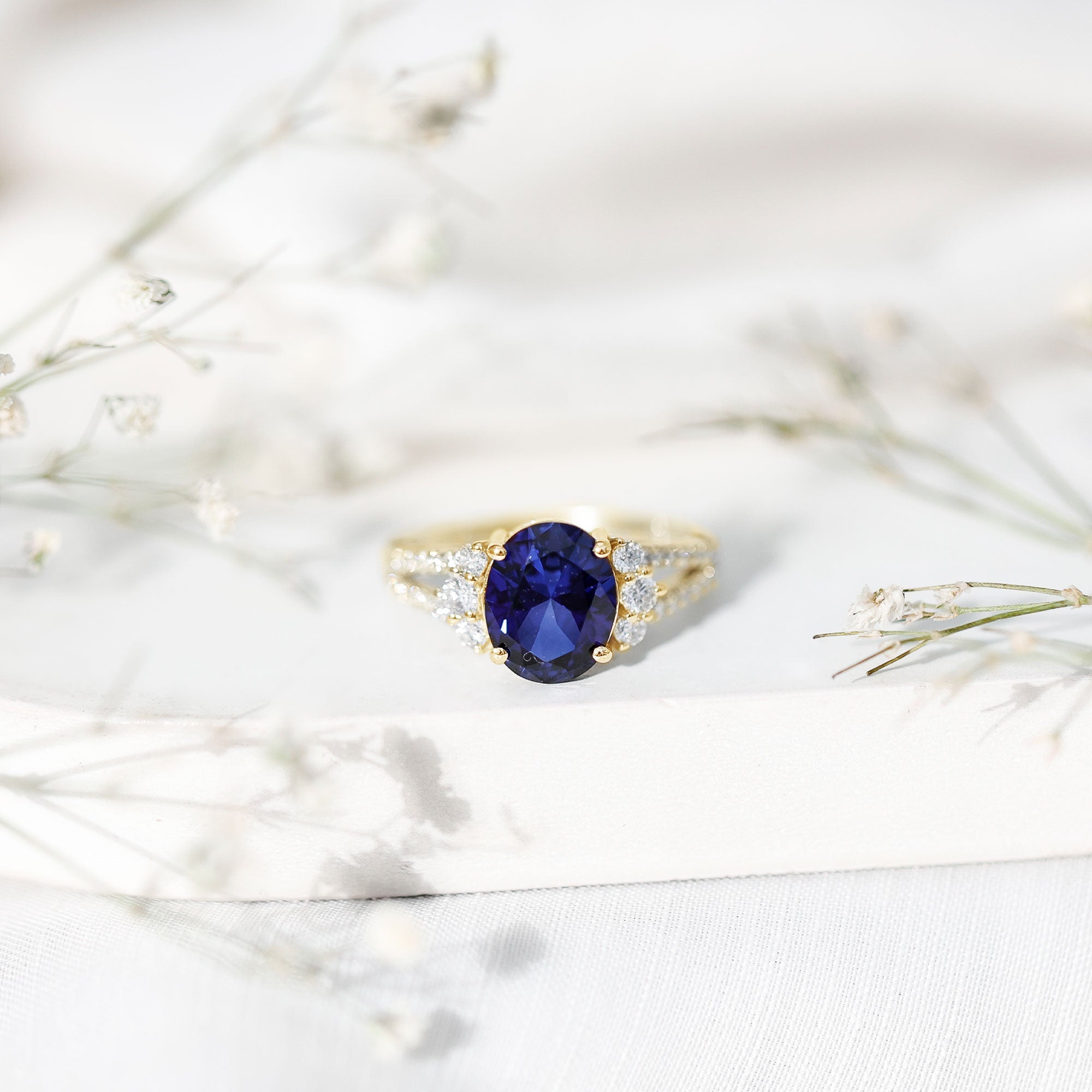Certified 4 Carat Lab Grown Blue Sapphire Oval Engagement Ring with Diamond Split Shank