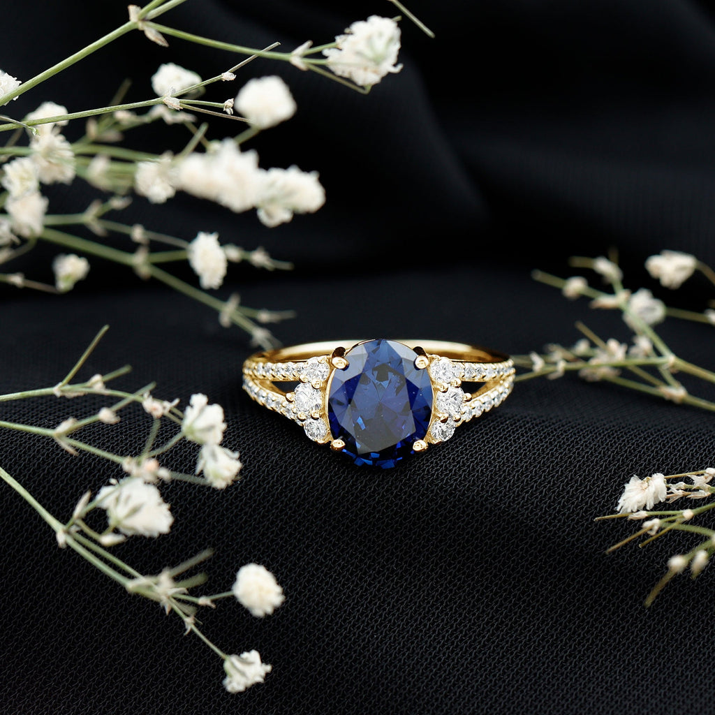 Certified 4 Carat Lab Grown Blue Sapphire Oval Engagement Ring with Diamond Split Shank