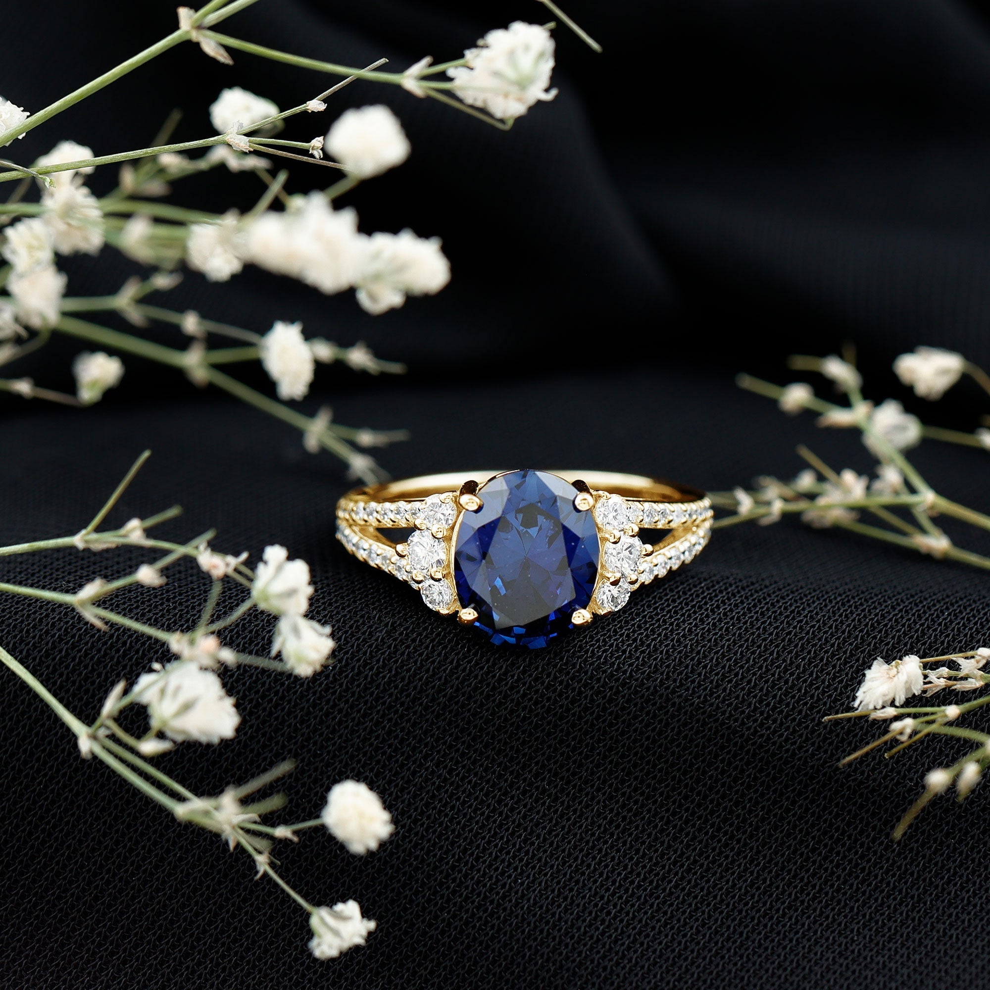 Certified 4 Carat Lab Grown Blue Sapphire Oval Engagement Ring with Diamond Split Shank