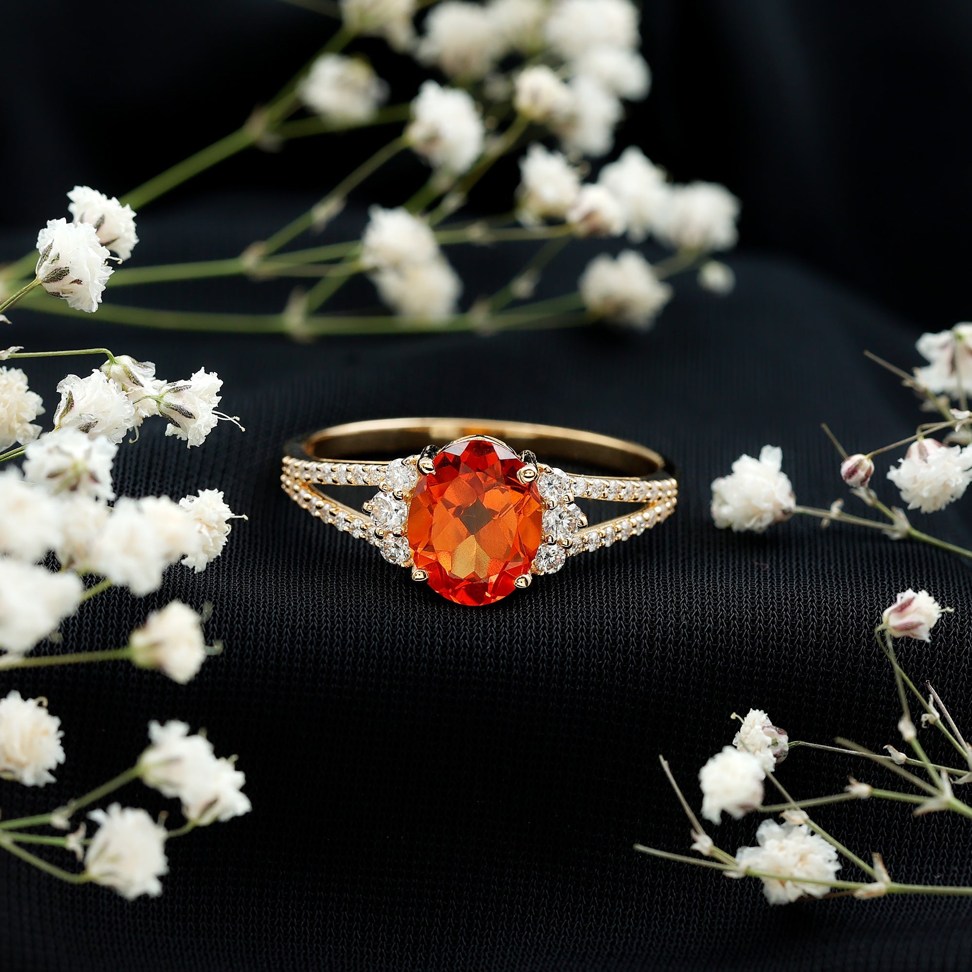 4 Carat Oval Lab Grown Orange Sapphire Engagement Ring with Diamond Split Shank