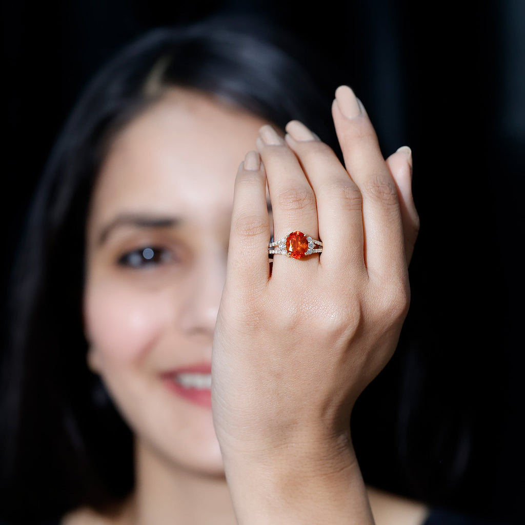 4 Carat Oval Lab Grown Orange Sapphire Engagement Ring with Diamond Split Shank