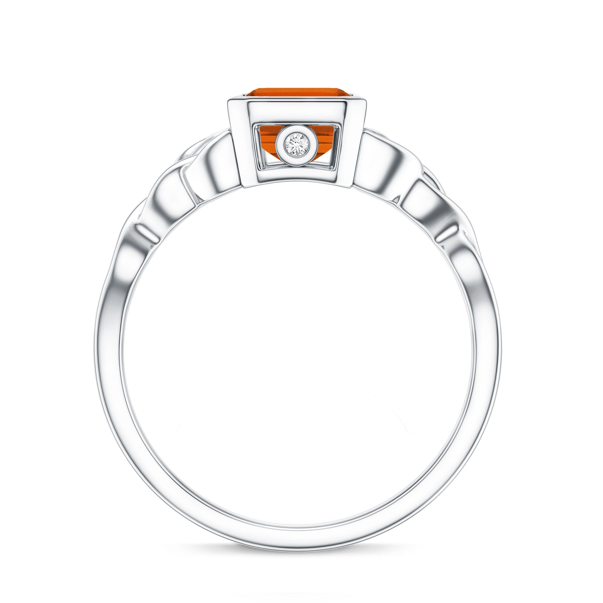 1.75 Carat Emerald Cut Lab Grown Orange Sapphire Diamond Bezel Set Engagement Ring