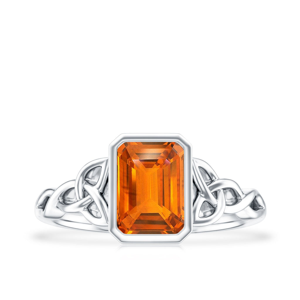 1.75 Carat Emerald Cut Lab Grown Orange Sapphire Diamond Bezel Set Engagement Ring