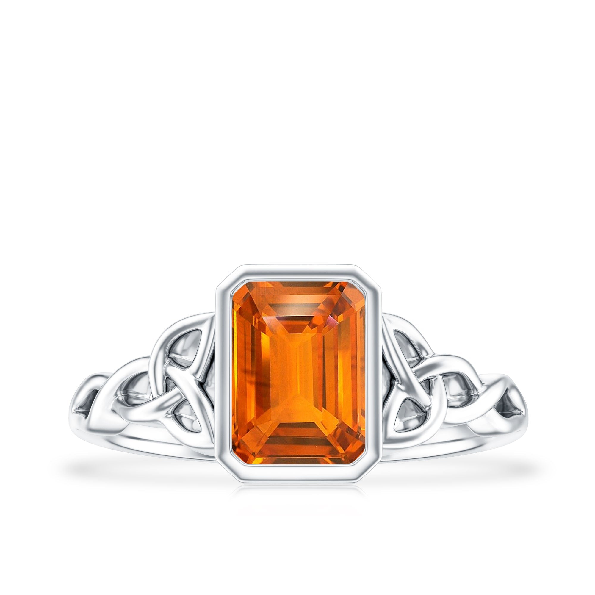 1.75 Carat Emerald Cut Lab Grown Orange Sapphire Diamond Bezel Set Engagement Ring