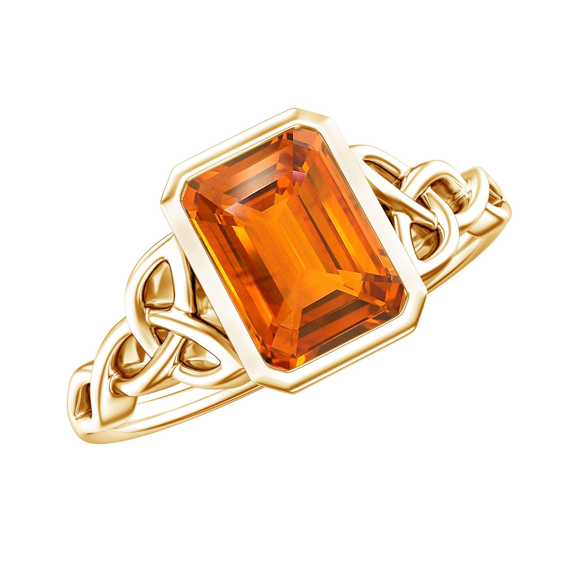 1.75 Carat Emerald Cut Lab Grown Orange Sapphire Diamond Bezel Set Engagement Ring
