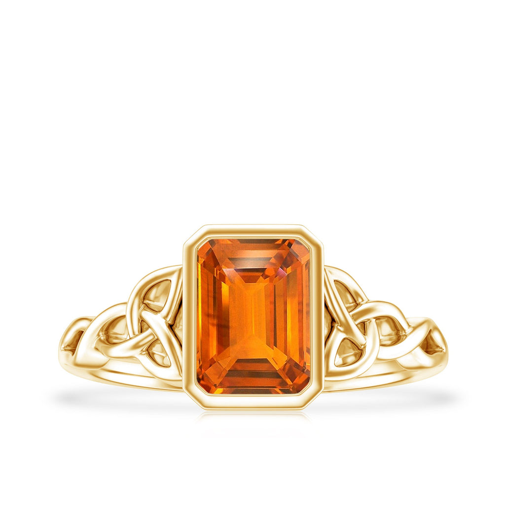 1.75 Carat Emerald Cut Lab Grown Orange Sapphire Diamond Bezel Set Engagement Ring