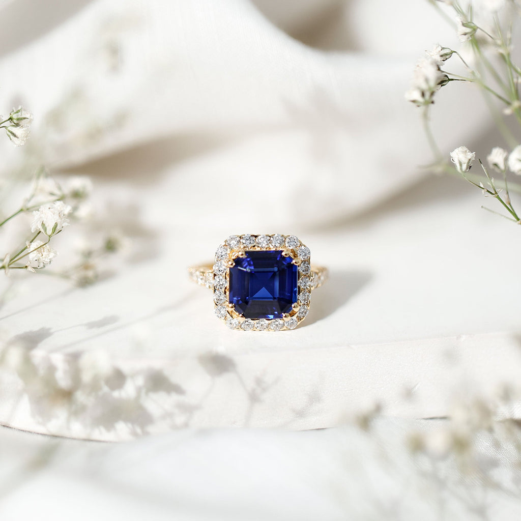 Certified 6.75 Carat Asscher Cut Lab Grown Blue Sapphire Engagement Ring with Diamond Halo