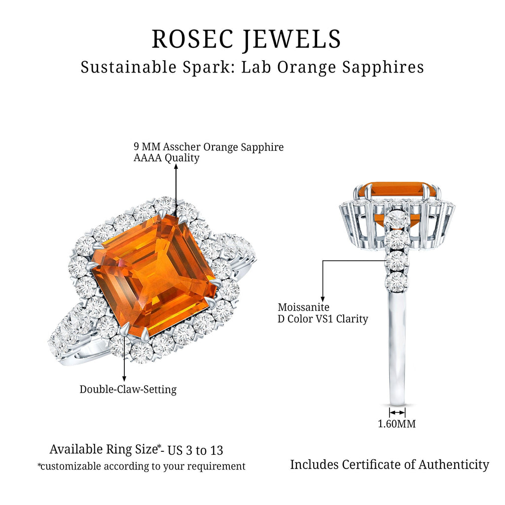 6.75 Carat Asscher Cut Lab Grown Orange Sapphire Engagement Ring with Halo