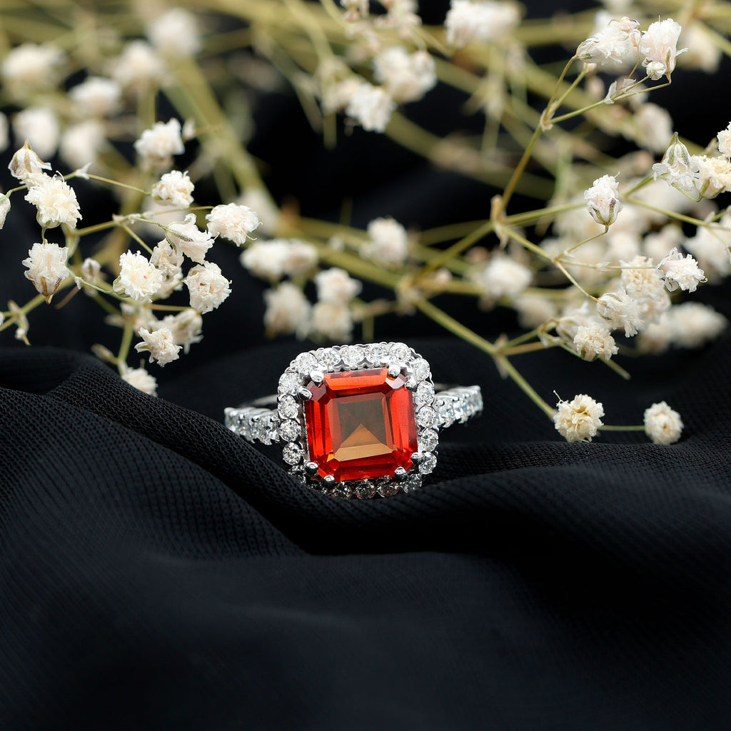 6.75 Carat Asscher Cut Lab Grown Orange Sapphire Engagement Ring with Halo