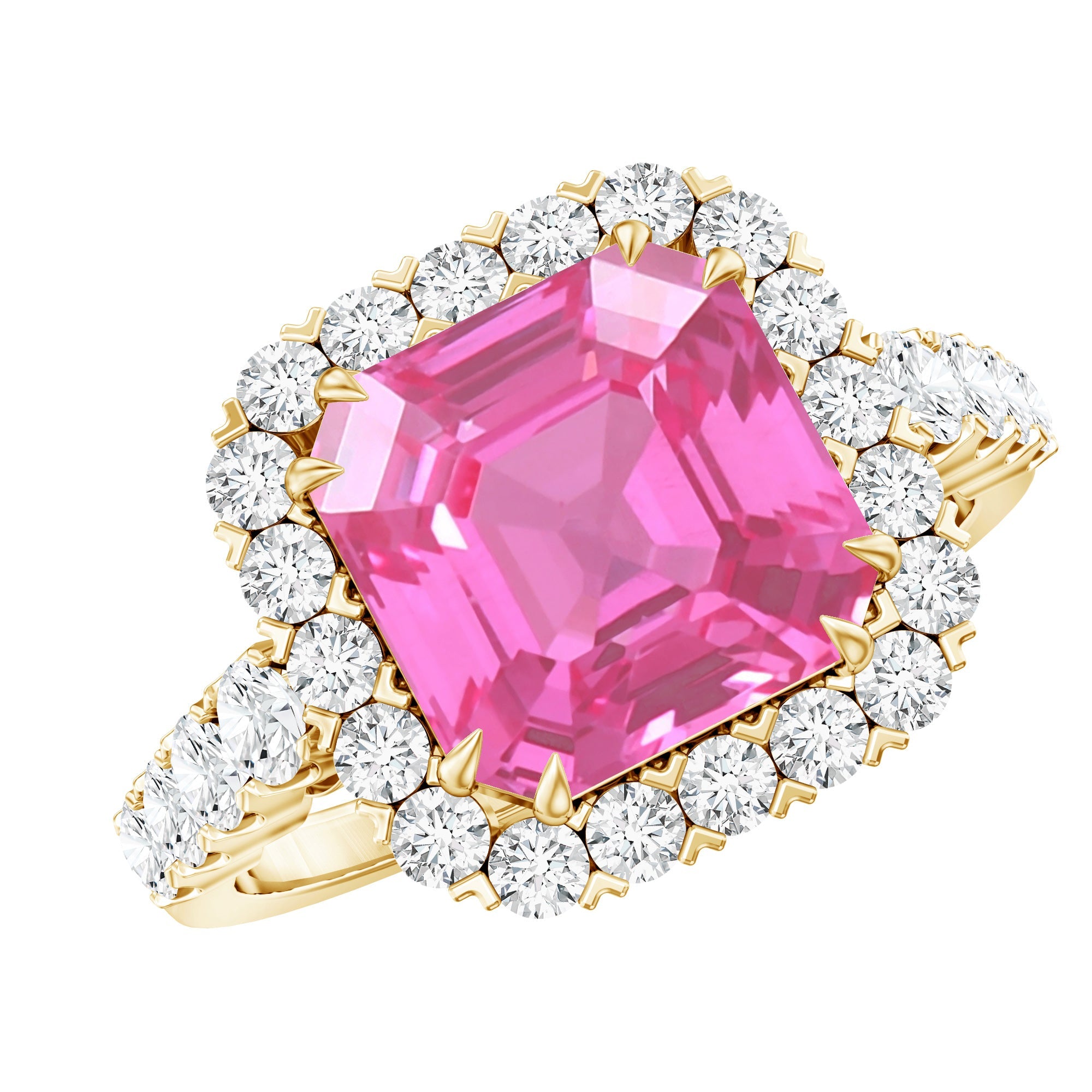6.75 Carat Lab Grown Pink Sapphire Asscher Cut Engagement Ring with Moissanite Halo