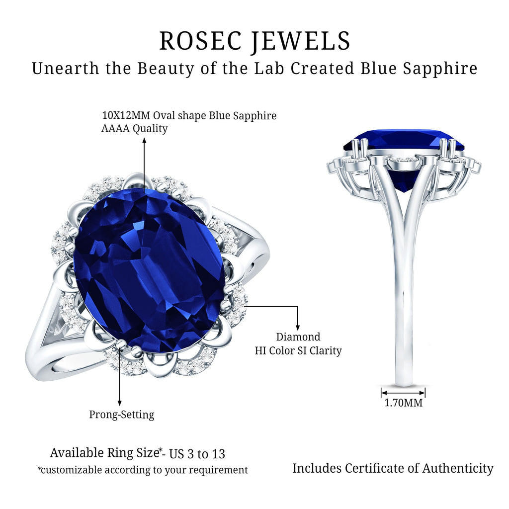 Certified 6 Carat Oval Lab Grown Blue Sapphire Retro Engagement Ring with Diamond