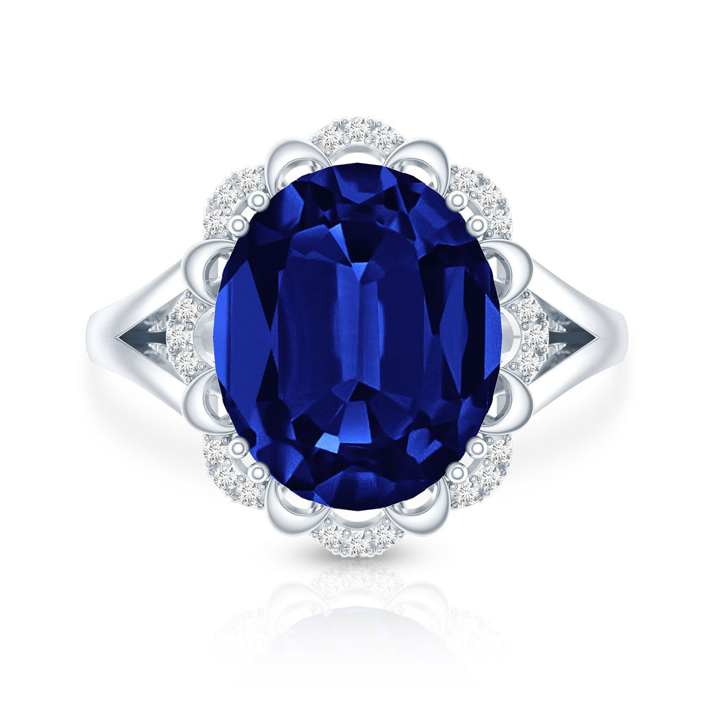 Certified 6 Carat Oval Lab Grown Blue Sapphire Retro Engagement Ring with Diamond