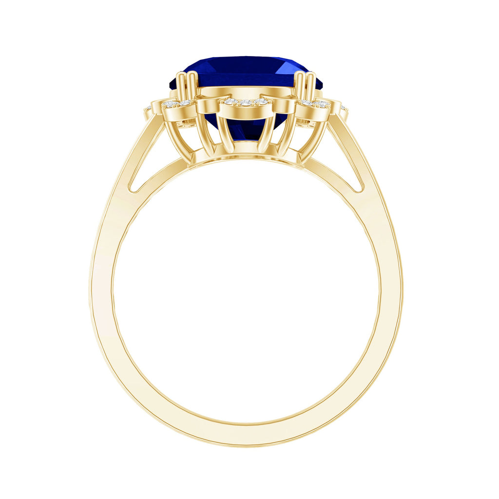 Certified 6 Carat Oval Lab Grown Blue Sapphire Retro Engagement Ring with Diamond