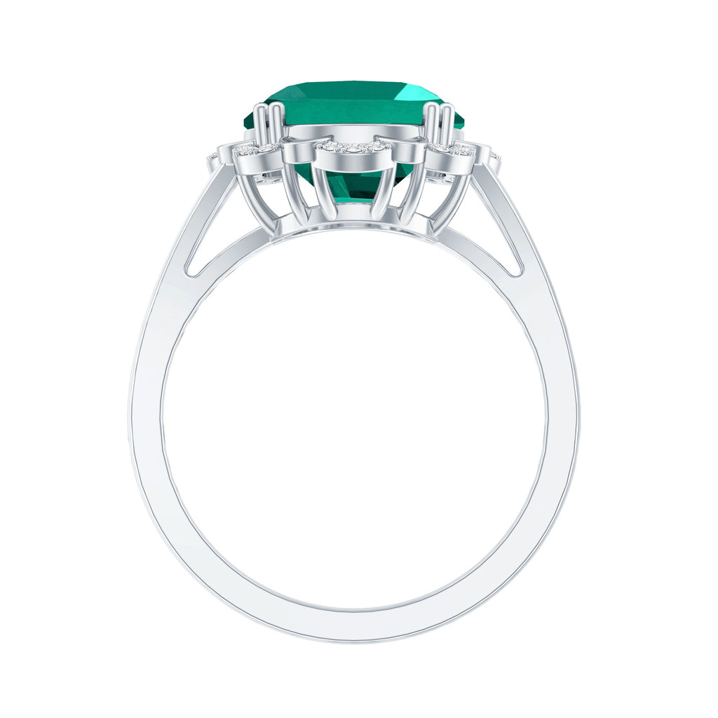 Vintage Looking 5 Carat Lab Created Emerald Engagement Ring with Diamond