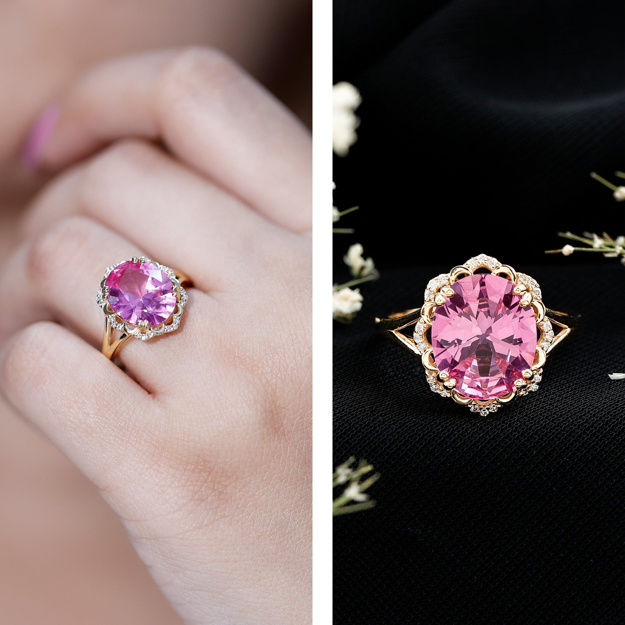 Oval Lab Created Pink Sapphire Huge Engagement Ring with Diamond