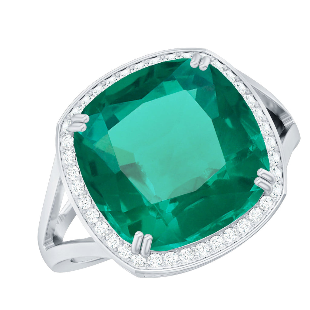 Certified 9 Carat Lab Grown Emerald Cushion Cut Engagement with Diamond Halo