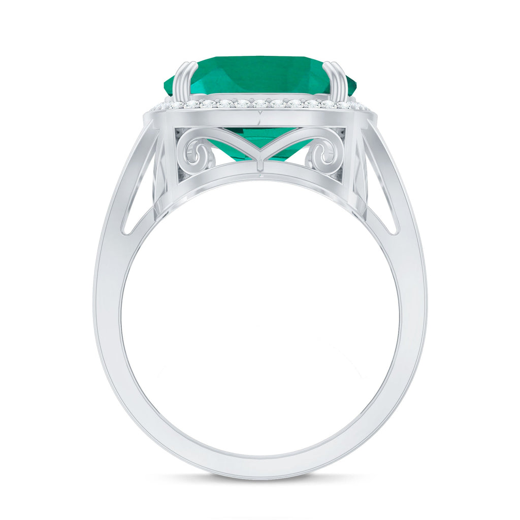 Certified 9 Carat Lab Grown Emerald Cushion Cut Engagement with Diamond Halo