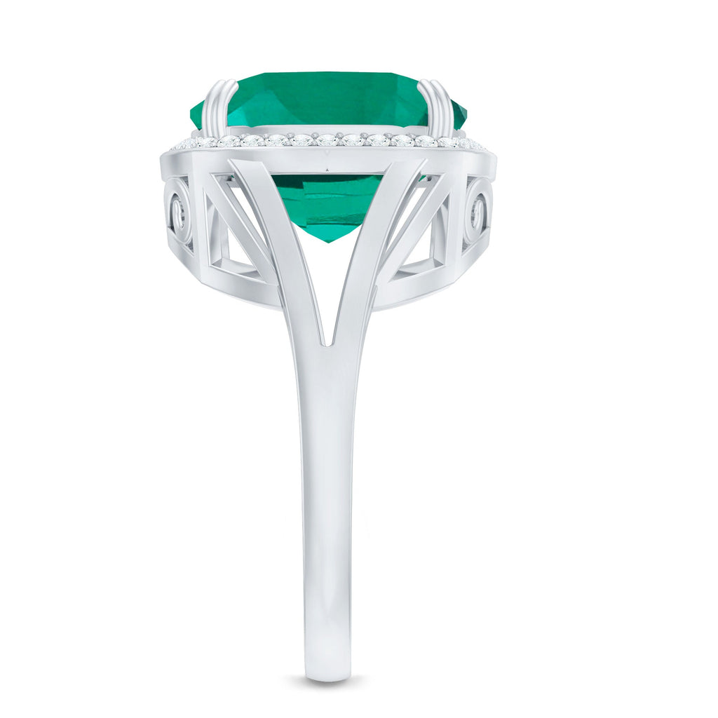 Certified 9 Carat Lab Grown Emerald Cushion Cut Engagement with Diamond Halo