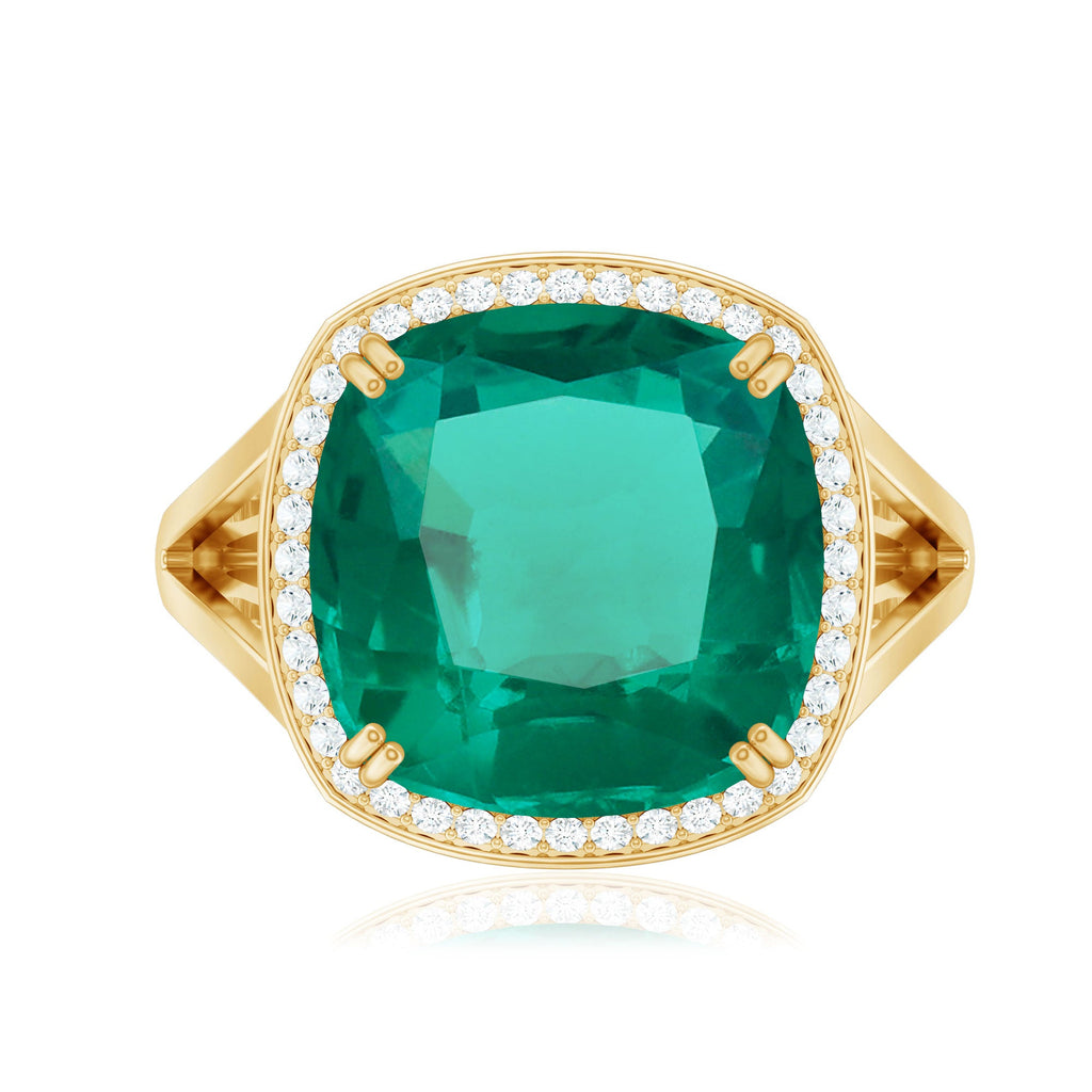Certified 9 Carat Lab Grown Emerald Cushion Cut Engagement with Diamond Halo