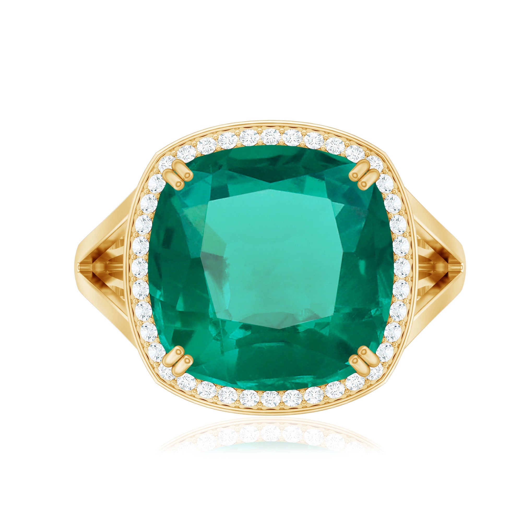 Certified 9 Carat Lab Grown Emerald Cushion Cut Engagement with Diamond Halo