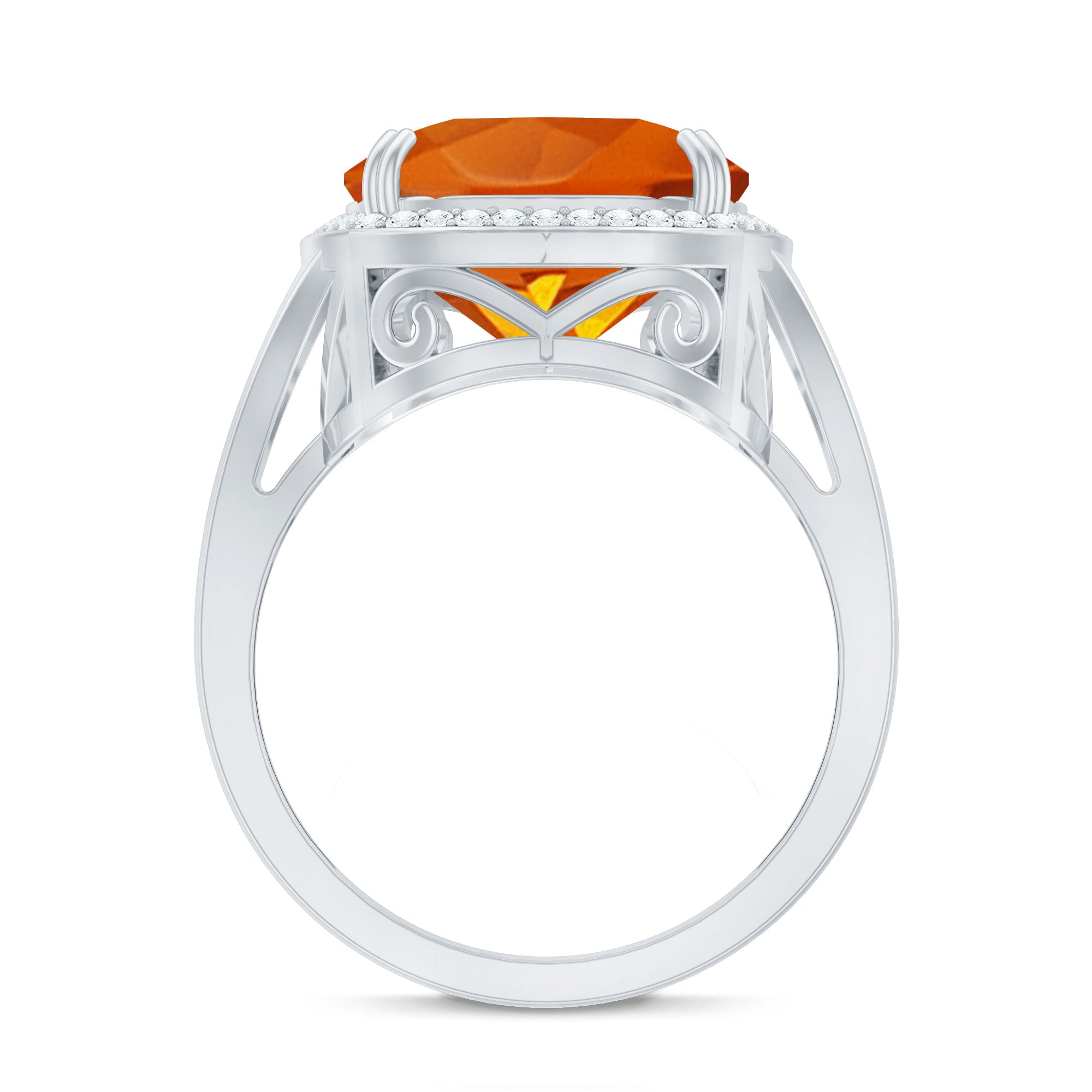 9 Carat Lab Grown Orange Sapphire Cushion Cut Engagement Ring with Diamond Halo