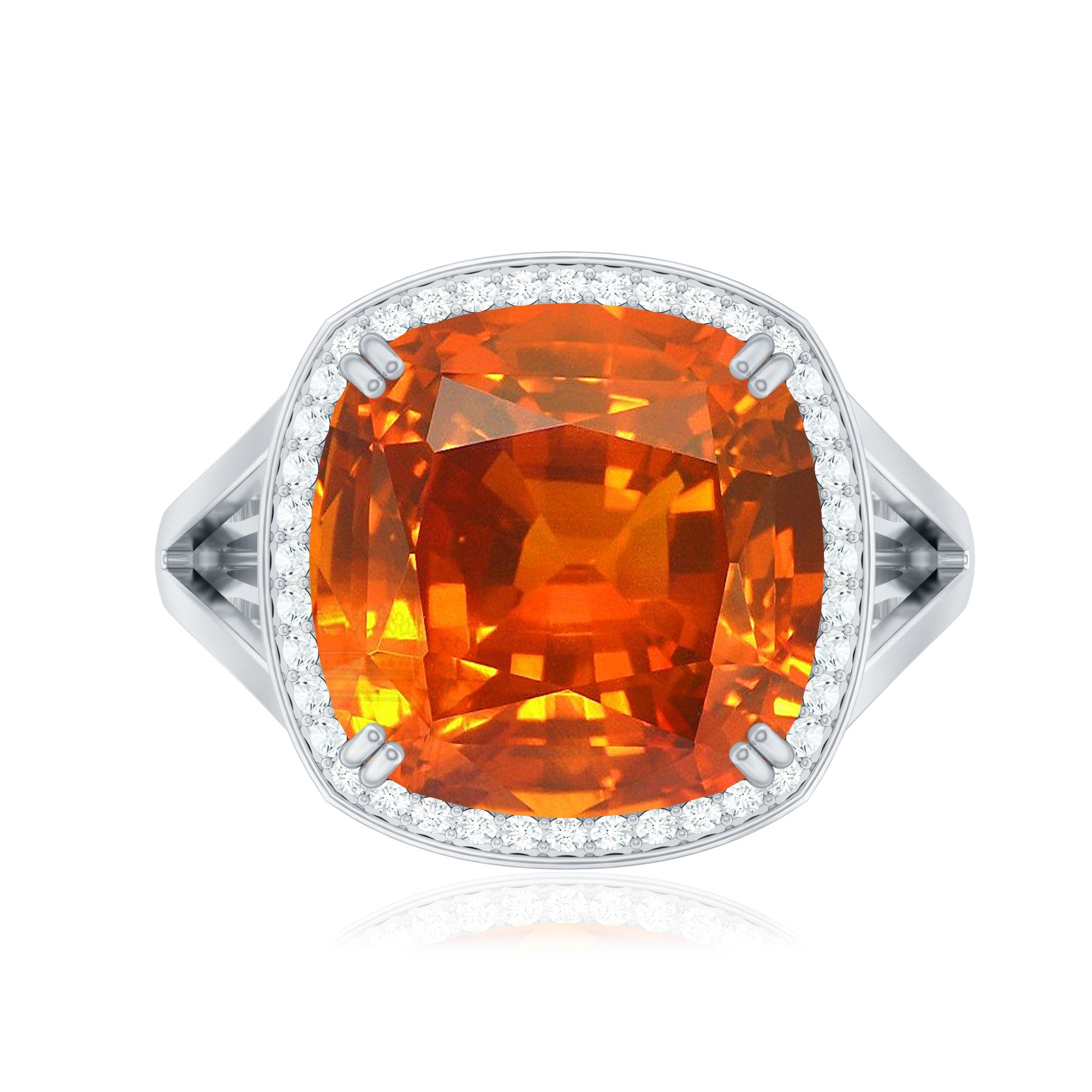 9 Carat Lab Grown Orange Sapphire Cushion Cut Engagement Ring with Diamond Halo