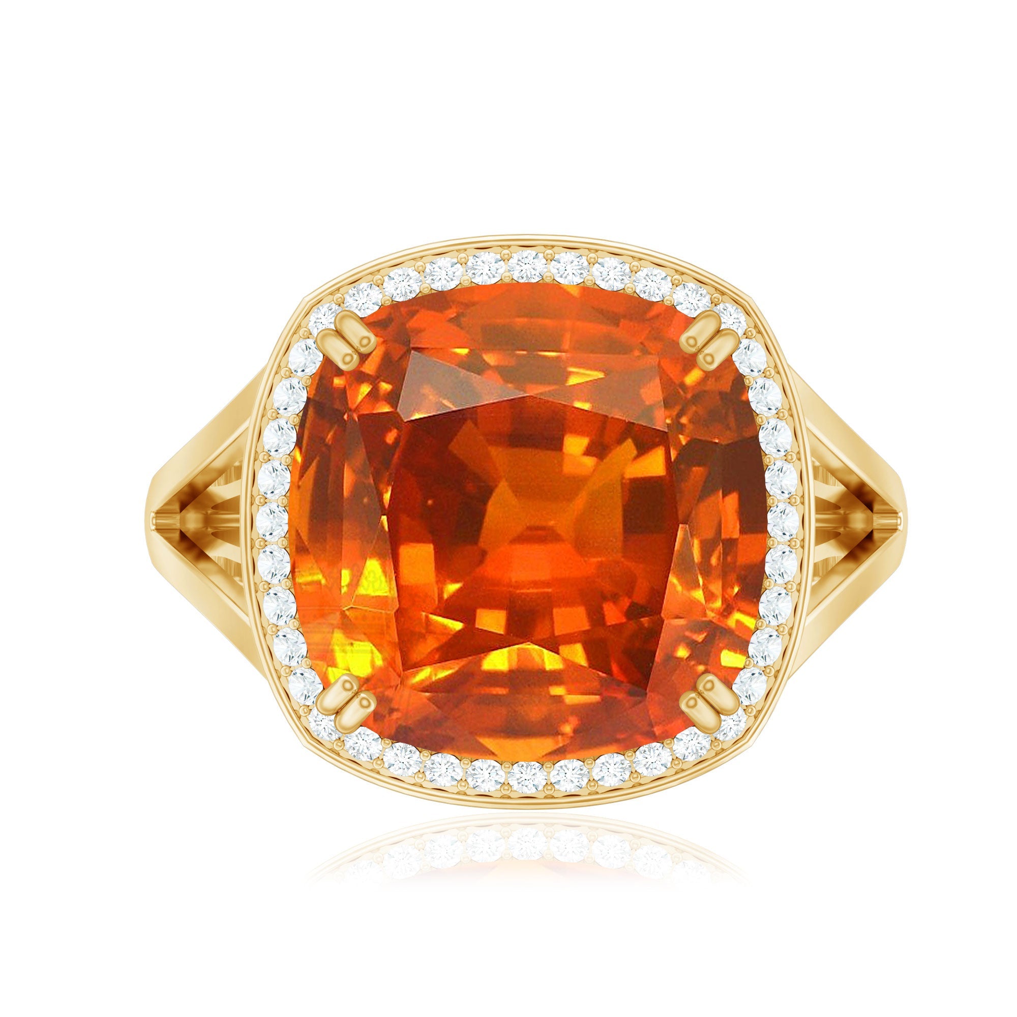 9 Carat Lab Grown Orange Sapphire Cushion Cut Engagement Ring with Diamond Halo