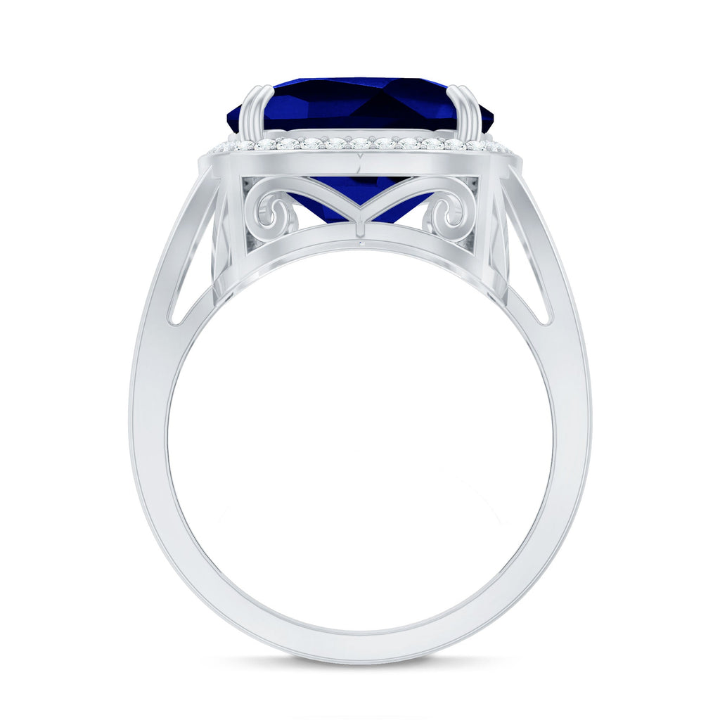Cushion Cut Lab Grown Blue Sapphire Engagement Ring with Diamond