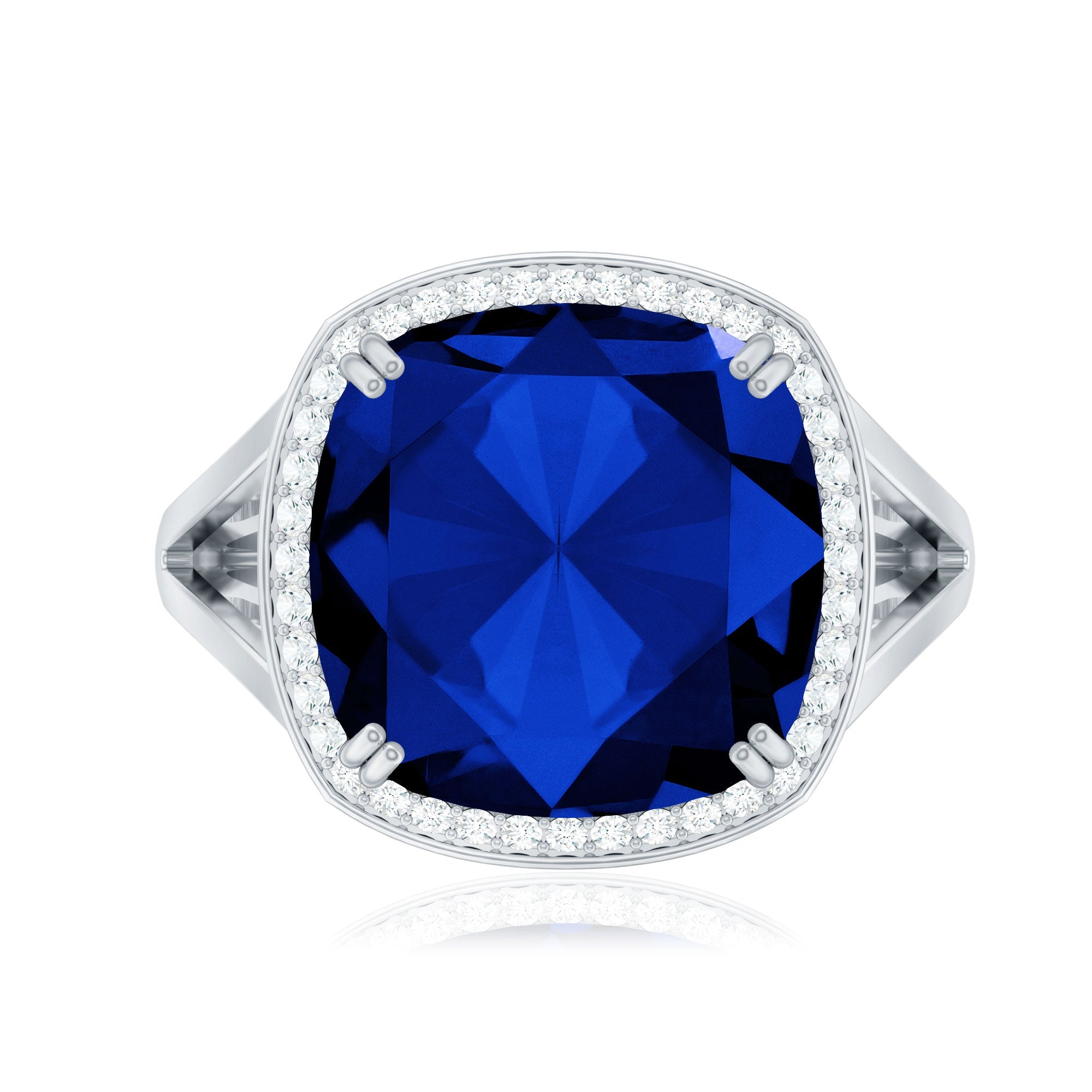 Cushion Cut Lab Grown Blue Sapphire Engagement Ring with Diamond