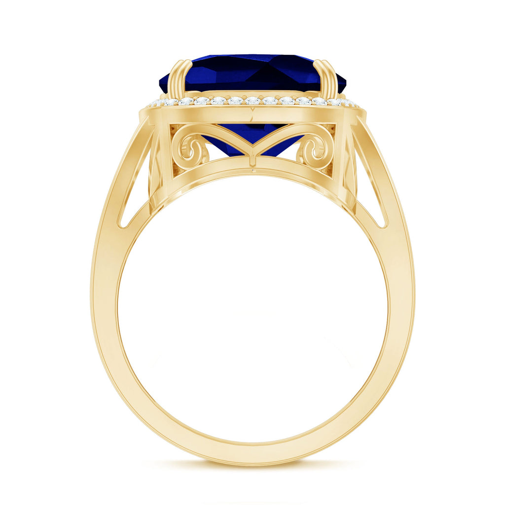 Cushion Cut Lab Grown Blue Sapphire Engagement Ring with Diamond