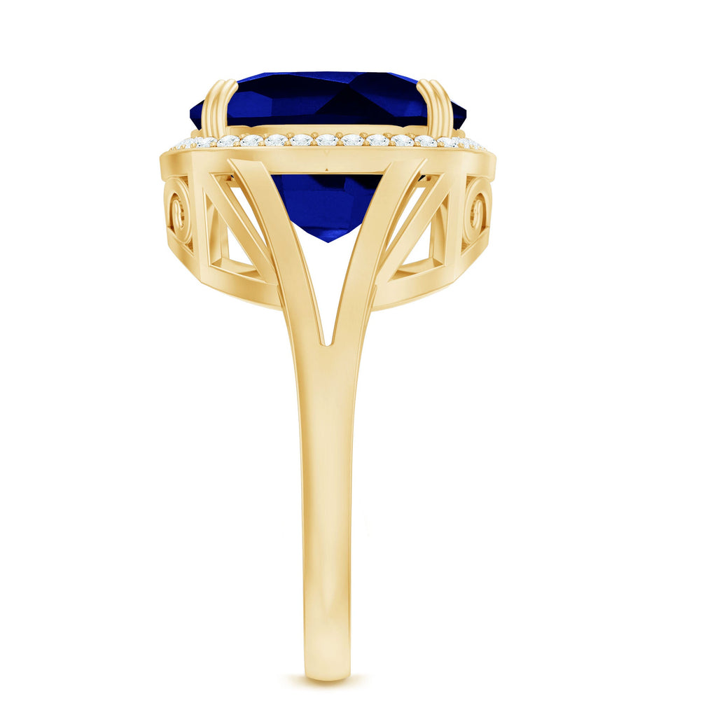 Cushion Cut Lab Grown Blue Sapphire Engagement Ring with Diamond