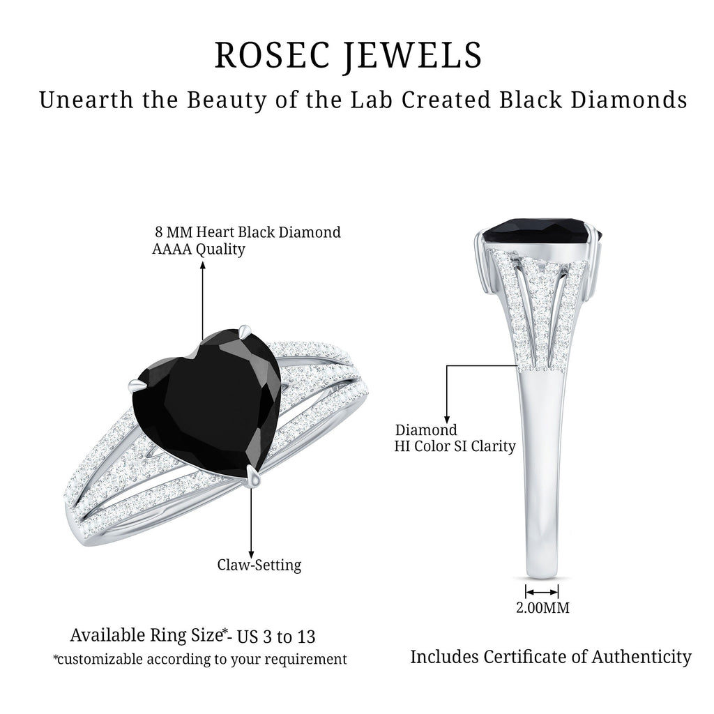 Certified 2.4 Carat Lab Grown Black Diamond Heart Engagement Ring with White Diamond Split Shank