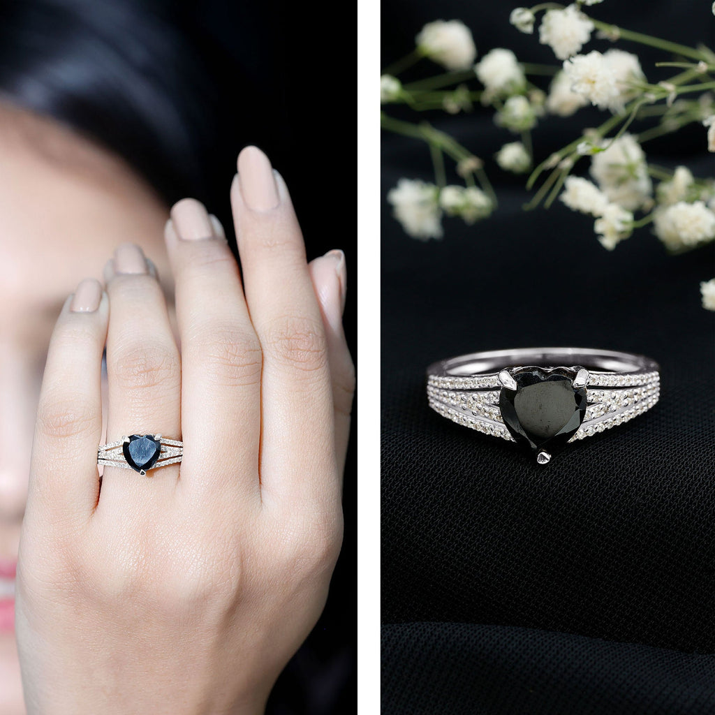 Certified 2.4 Carat Lab Grown Black Diamond Heart Engagement Ring with White Diamond Split Shank